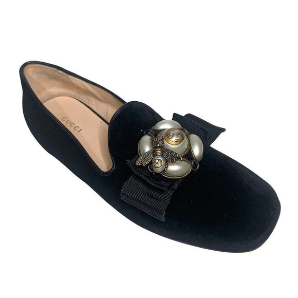 Gucci Etoile Faux-pearl Embellished Black Double G Velvet Flat Loafer EU 38 US 8 - Picture 1 of 9